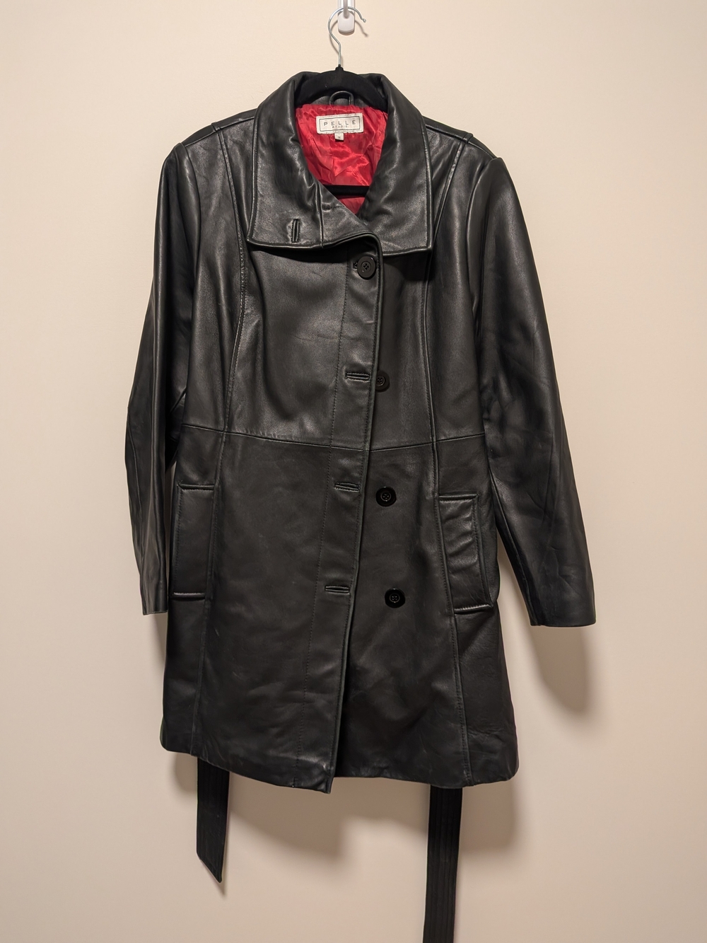 Pelle Studio Black Leather Trench Coat with Red Lining